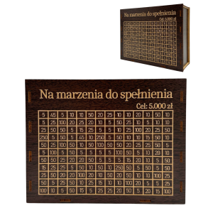 Skarbonka wykreślanka z grawerem NA MARZENIA DO SPEŁNIENIA 5000 ZŁ kolor WENGE